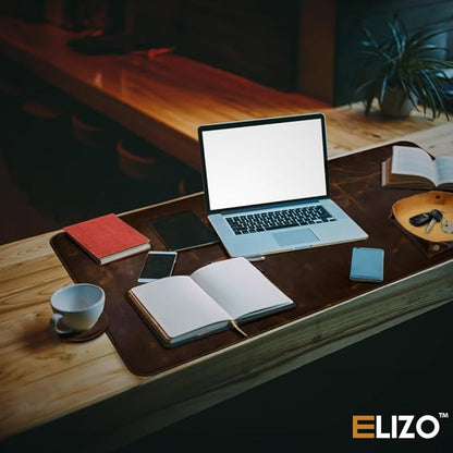Elizo Real Leather Desk Mat Set (32x16) Large Desk Cover Desk Blotter Protector Computer Gaming Mouse Pad Table Laptop Office Desktop Accessories