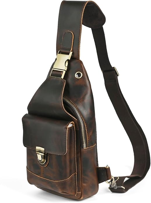 Thick Crazy horse Leather Triangle Crossbody Sling Chest Bag Travel One Shoulder Bag Daypack For Men Male 3028