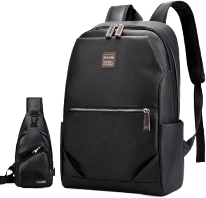 Business Men and Women PU Leather Backpack 15.6inch Laptop Waterproof Backpack Travel Commuter Lightweight schoolbag (Black backpack7,Large)