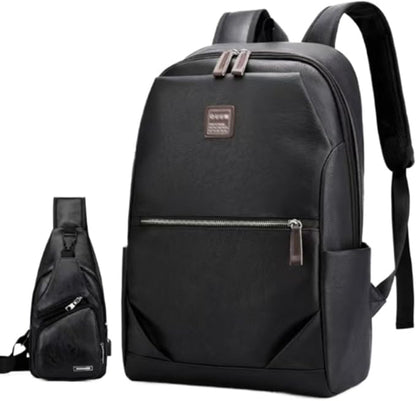 Business Men and Women PU Leather Backpack 15.6inch Laptop Waterproof Backpack Travel Commuter Lightweight schoolbag (Black backpack7,Large)
