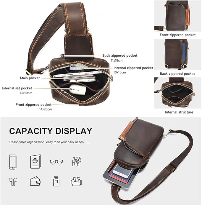 Genuine Leather Sling Bags for Men Crossbody Purse Vintage Small Messenger Shoulder Bag for Phone Side Chest Daypack Bag