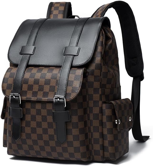 Retro men's business plaid backpack can hold a 15.6-inch laptop, women's stylish travel waterproof leather backpack. (brown-16.3inch)
