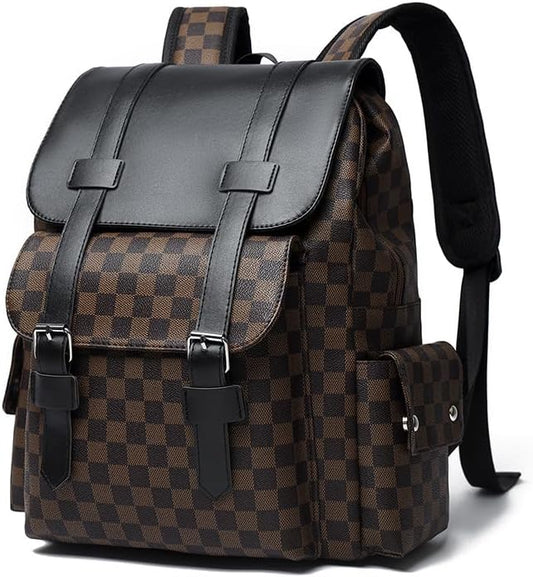 Retro men's business plaid backpack can hold a 15.6-inch laptop, women's stylish travel waterproof leather backpack. (brown-16.3inch)