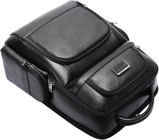 BOPai Genuine Leather Laptop Backpack Men for 15.6 inch Business Smart Professional Lightweight Backpack with USB Charging Office Commuter Computer Rucksack Executive Anti Theft Black