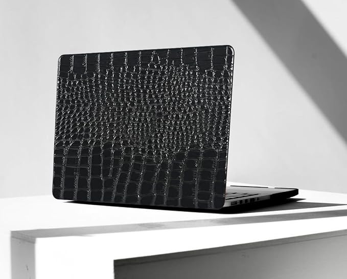 KEROM Compatible for Crocodile MacBook Pro 13 Inch Case 2025-2016 M2 M1 A2338 A2289 A2251 A2159 A1989 A1706 A1708, Textured Aligator Skin Snakeskin PU Leather Hardshell & Keyboard Cover, Shiny Black