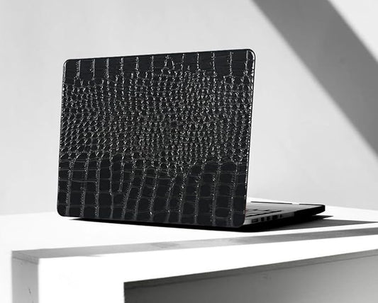 KEROM Compatible for Crocodile MacBook Pro 13 Inch Case 2025-2016 M2 M1 A2338 A2289 A2251 A2159 A1989 A1706 A1708, Textured Aligator Skin Snakeskin PU Leather Hardshell & Keyboard Cover, Shiny Black