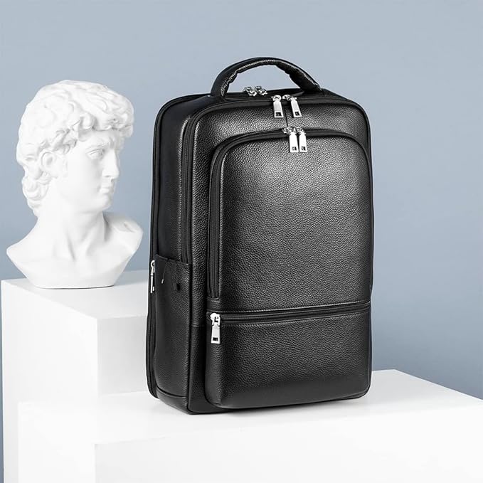 15.6 Inch Genuine Leather Laptop Backpack for Men Women, Business Travel Backpack Hiking Rucksack Daypack (4#Black)