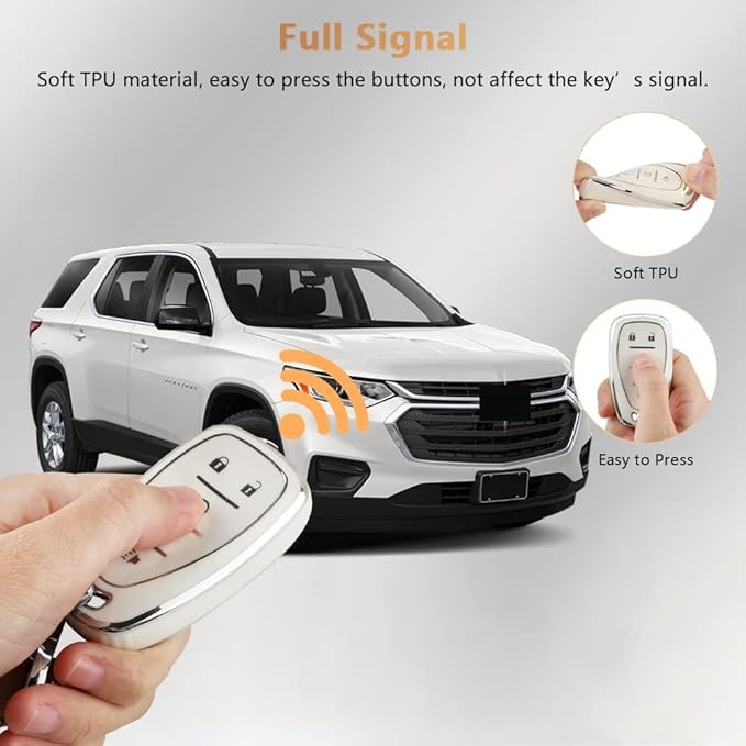 PIFOOG Key Fob Cover for Chvy Keychain Bling White Silver TPU 5 Button Car Keys Case Shell Protector for Equinox Traverse Blazer Trailblazer Malibu Camaro Spark Women Girly