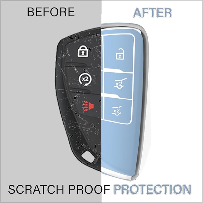 QBUC for Chevy Key Fob Cover with Keychain Soft TPU Protection Case Compatible with 2021-2026 Chevy Tahoe Suburban GMC Yukon Denali Silverado 6-Buttons(Chrome Trim Blue)