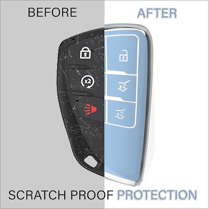 QBUC for Chevy Key Fob Cover with Keychain Soft TPU Protection Case Compatible with 2021-2026 Chevy Tahoe Suburban GMC Yukon Denali Silverado 6-Buttons(Chrome Trim Blue)