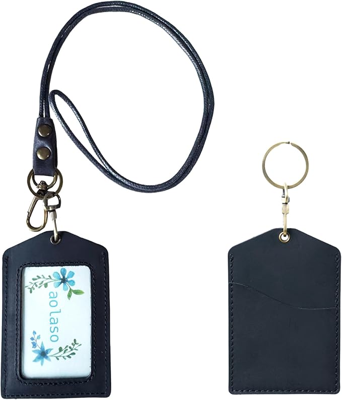 Badge Holder Vertical Handmade Leather ID Card Badge Holder Keychain with Heavy Duty Lanyard for Men Women (Black Leather)