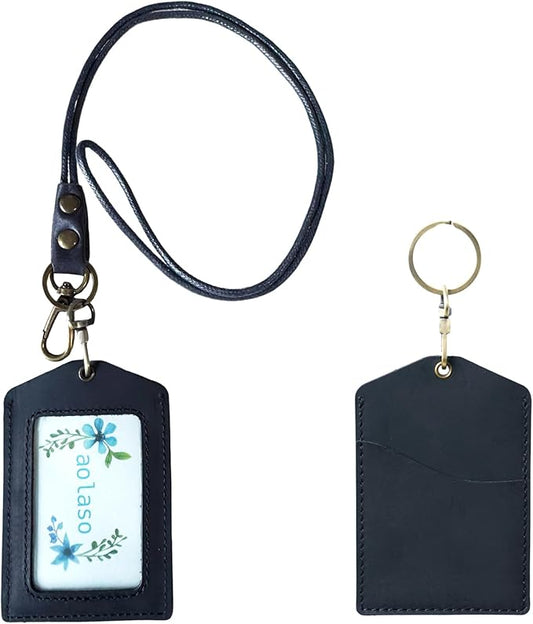 Badge Holder Vertical Handmade Leather ID Card Badge Holder Keychain with Heavy Duty Lanyard for Men Women (Black Leather)