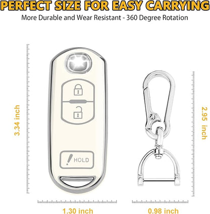 FT FUNTOR for Mazda Key Cover,3 Buttons TPU Key Cover with Silver Edge,Compatible with Mazda 3 6 CX-3 CX-5 CX-7 CX-9 with Keychain (B-White)