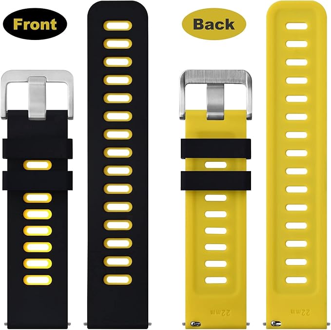 WOCCI 18mm Bicolor Watch Band, Silicone Rubber, Quick Release Replacement Strap for Men and Women, Silver Stainless Steel Buckle (Black-Yellow)