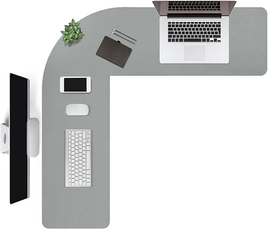 Liveinu L Shaped Gaming Desk Mat Mouse Pad, PU Leather Corner Desk Mat Blotter, Waterproof Desktop Protector for Computer Keyboard Home Office, Grey, 44"x44"x16"