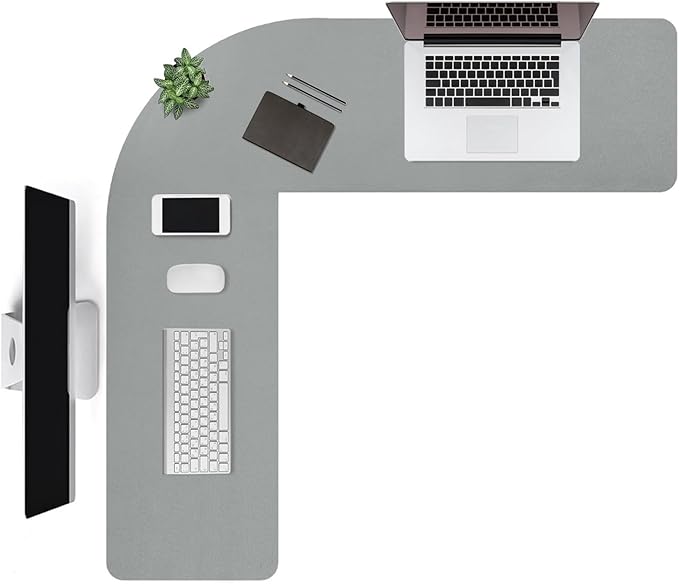 Liveinu L Shaped Gaming Desk Mat Mouse Pad, PU Leather Corner Desk Mat Blotter, Waterproof Desktop Protector for Computer Keyboard Home Office, Grey, 73.2"x62.8"x12"
