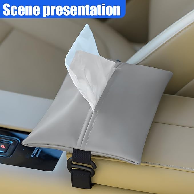 YoRise Car Tissue Holder, PU Leather Car Napkin Holder with Adjustable Strap, Center Console Tissues Box Cover, Sun Visor Organizer Keep Auto Tidy, Vehicle Headrest Storage Accessories (Gray)