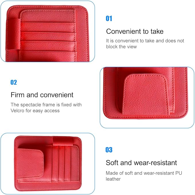 Car Sun Visor Organizer, PU Leather Vehicle Visor Document Storage Pocket for Sunglass Card Pen, Multifunctional Automotive Interior Holder Accessories, Universal Fit (Red)
