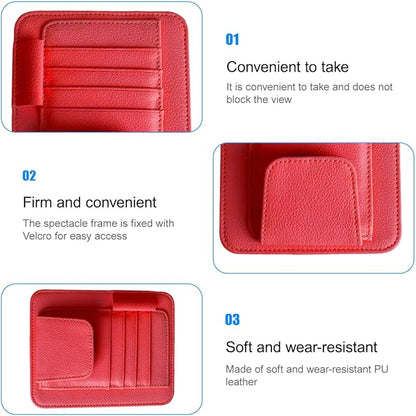 Car Sun Visor Organizer, PU Leather Vehicle Visor Document Storage Pocket for Sunglass Card Pen, Multifunctional Automotive Interior Holder Accessories, Universal Fit (Red)