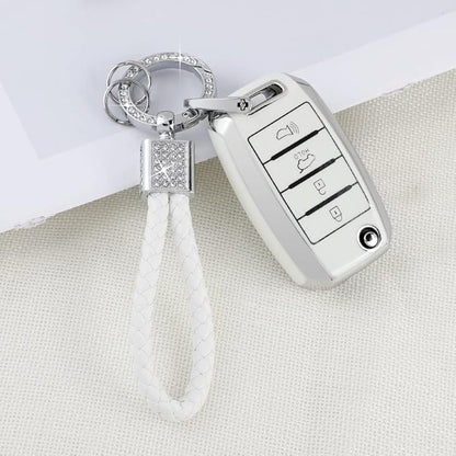 PIFOOG for Kia Key Fob Cover TPU White Silver 4 Buttons Keys Case Shell Protector Bling Keychain for Kia Sorento Optima Soul Sportage Niro Forte Rio Accessories Girly Women Men