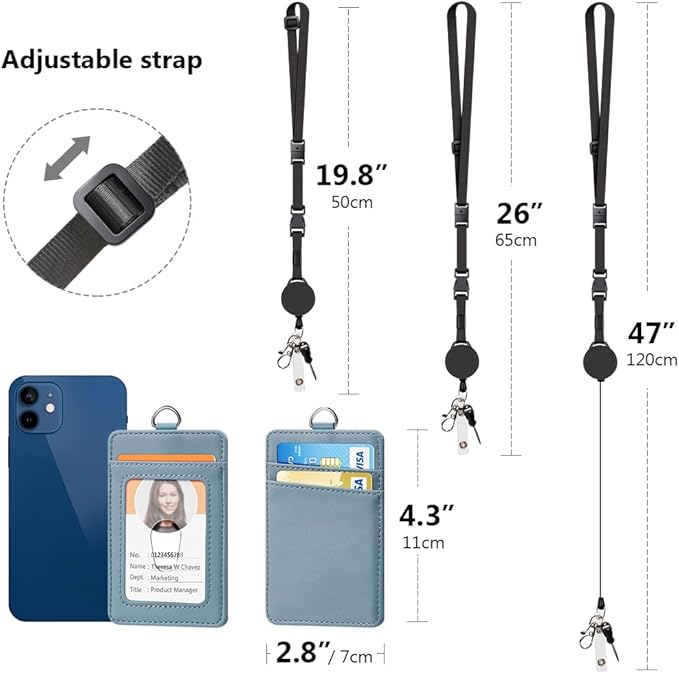 Leather Badge Holder and Adjustable Retractable Lanyards, Quick Release Buckle and Safety Breakaway Lanyards with Swivel Metal Clasp for Offices, Staff, Students, Employees