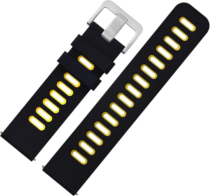 WOCCI 22mm Bicolor Watch Band, Silicone Rubber, Quick Release Replacement Strap for Men and Women, Silver Stainless Steel Buckle (Black-Yellow)