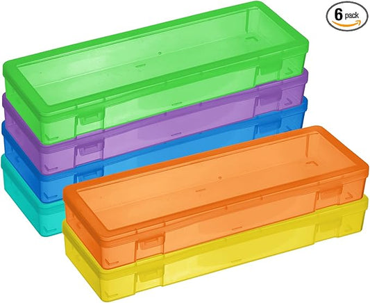 novelinks Plastic Small Storage Bins with Lids for Organizing, Mini Clear Storage Containers and Stackable Storage Box Organizer for Pencil Boxes, Task Boxes, Crayon Boxes (6 Pack Large -Color)