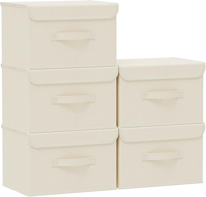 Fabric Storage Bins Cube Organizers with Flip-Top Lid and Handles, Storage Boxes for Organizing Home, Office, and Closet, Beige, 5 Pack 10.2 X 7.9 X 6.7 in