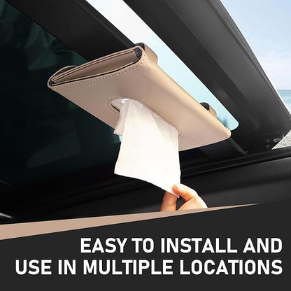 Car Visor Tissue Holder, Upgraded Version Hanging Tissue Holder in Car, Premium PU Leather Paper Napkin Organizer, Universal for Vehicles, Trucks, RVs and More (Beige)