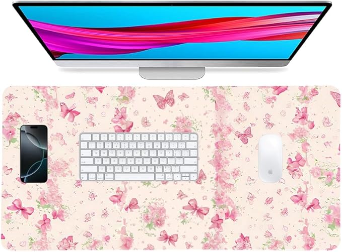 Butterfly Theme Desk Mat for Women, Large PU Leather Desk Pad with Non-Slip Base, Romantic Office Keyboard Mat for Gaming & Home Work, Enchanting Gift Idea（31.5 * 15.75in）