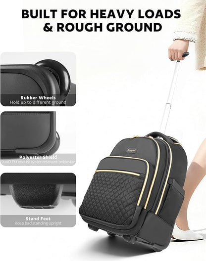 Arcoyard Rolling Backpack for Women, 17 inch Travel Laptop Wheeled Backpack with Anti Theft Zippers for Adults, Large Water Resistant Carryon Luggage Roller Bag Flight Approved for Work College, Black