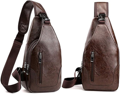 Seoky Rop Men Sling Bag Anti Theft Shoulder Bag Small Leather Crossbody Sling Backpack with USB Charge Port Dark Brown