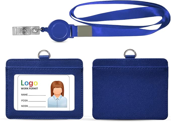 HYCOPROT ID Badge Holder with Lanyard Heavy Duty Retractable PU Leather Vertical Horizontal ID Card Holders with 1 Clear ID Window & 1 Credit Card Slot for Office School Licence (Horizontal, Blue)