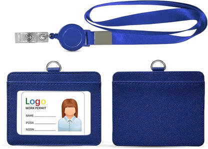 HYCOPROT ID Badge Holder with Lanyard Heavy Duty Retractable PU Leather Vertical Horizontal ID Card Holders with 1 Clear ID Window & 1 Credit Card Slot for Office School Licence (Horizontal, Blue)