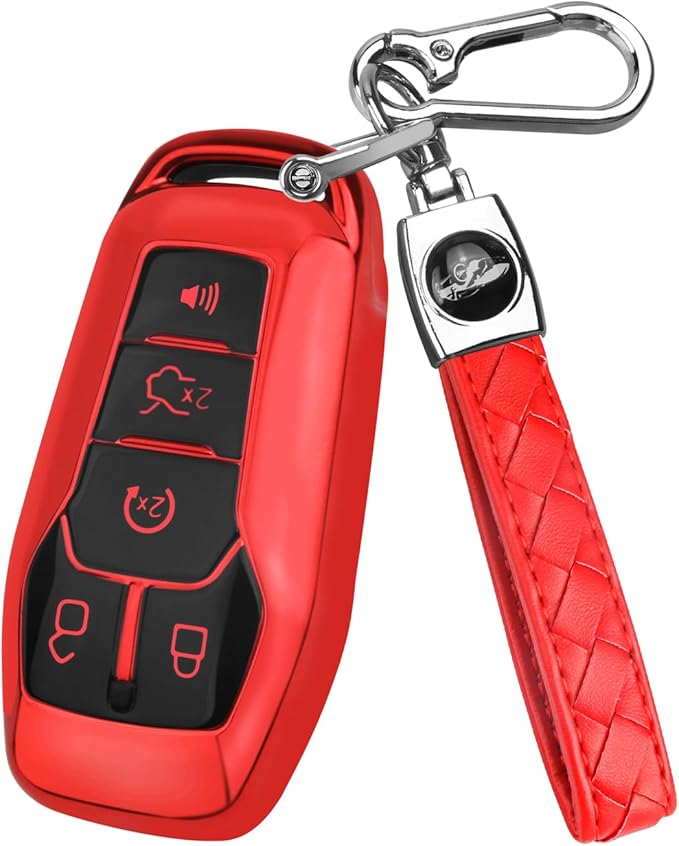 QBUC for Ford Key Fob Cover with Keychain Compatible with Ford Explorer F150 Fusion Mustang Edge Lincoln MKC 5 Buttons Smart Key (Red, Series 2)