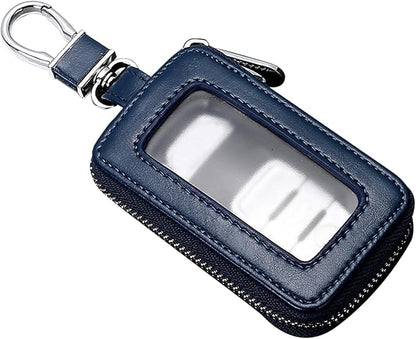 Leather Car Key Fob Case, 2.2" x 3.5" Car Key Fob Protective Cover with Zipper and Metal Hook, Double Layer Smart Remote Key Fob Case Holder, Universal Keychain Bag for Most Cars (Royal Blue)
