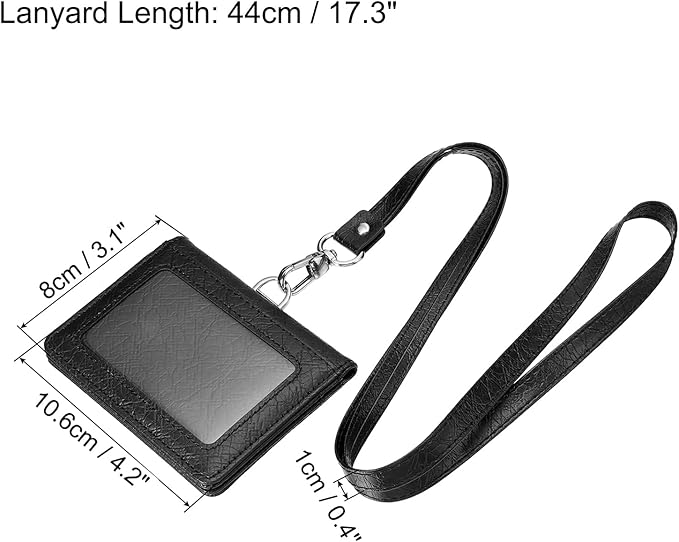 MECCANIXITY ID Badge Holder with Lanyard, PU Leather Horizontal Magnetic Folded 5 Card Slots Clear Window for Office, Black