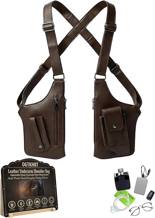 Leather Underarm Shoulder Bag Adjustable Strap Crossbody Chest Sling Satchel Multi Pocket Travel Everyday Vintage Classic