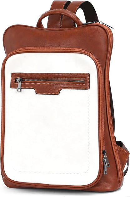 Leather Laptop Backpack, Women and Men Backpack Travel Business Work College Water Resistant Anti Theft Daypack Slim Large fits for 15.6 inch Notebook Computer bag, Off White+ Brown…