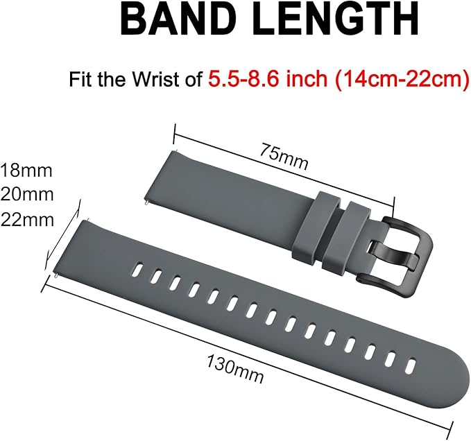 BISONSTRAP Silicone Watch Bands, Slim Watch Straps with Quick Release, 21mm, Grey with Black Buckle