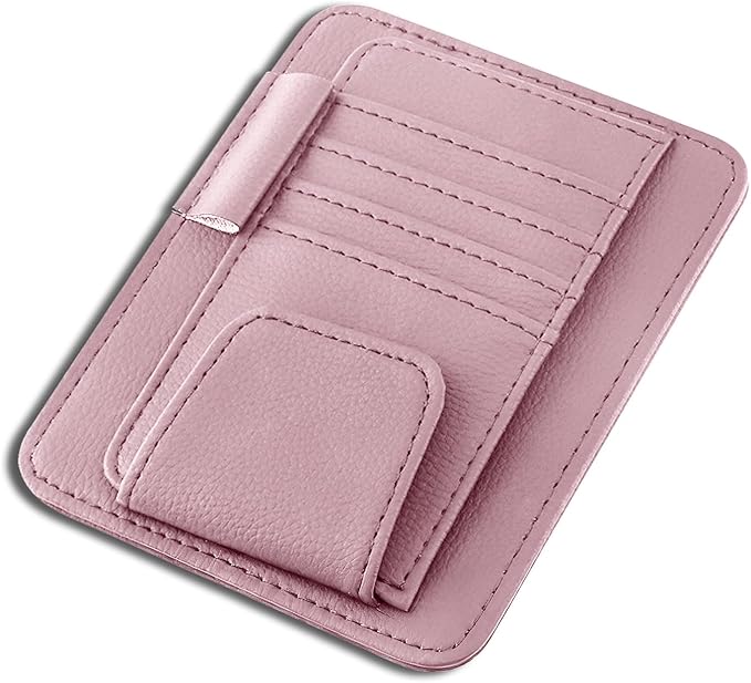 Car Sun Visor Organizer, Multifunctional Auto Visor Document Holder with Sunglasses Clip, Universal Car Interior Accessories Organizer for Drving License, Card, Pen (Pink)