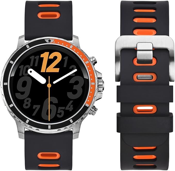 WOCCI 18mm Bicolor Watch Band, Silicone Rubber, Quick Release Replacement Strap for Men and Women, Silver Stainless Steel Buckle (Black-Orange)