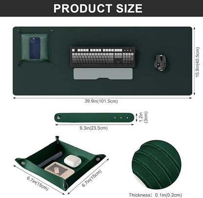 DAWNTREES Dark Green Desk Mat,Leather Desk Pad,40"x16",Cork Desk Mat Protector,with PU Leather Valet Tray Organizer,Large Mouse Pad,Desk Writing Pad for Office and Home