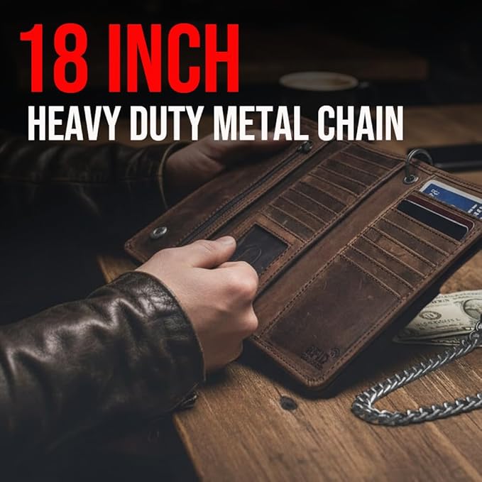 IBRO VINTAGE Motorcycle Chain Wallet for Men – Premium Cowhide Leather, RFID Tri-Fold Biker Wallet with Heavy Duty Chain for Bikers Truckers & Hunters, Credit Card Money Organizer Long Wallet | Long Trifold, RFID Blocking, Men's, Trucker Biker