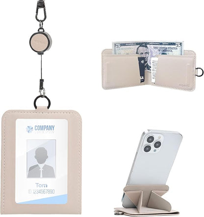 ID Badge Holder with 12-inch Lanyard, ID Card Holder Wallet with Phone Stand, Vegan Leather Slim Badge Wallet for Work, Office, Travel – Fits ID, Keycards & Cash – Beige
