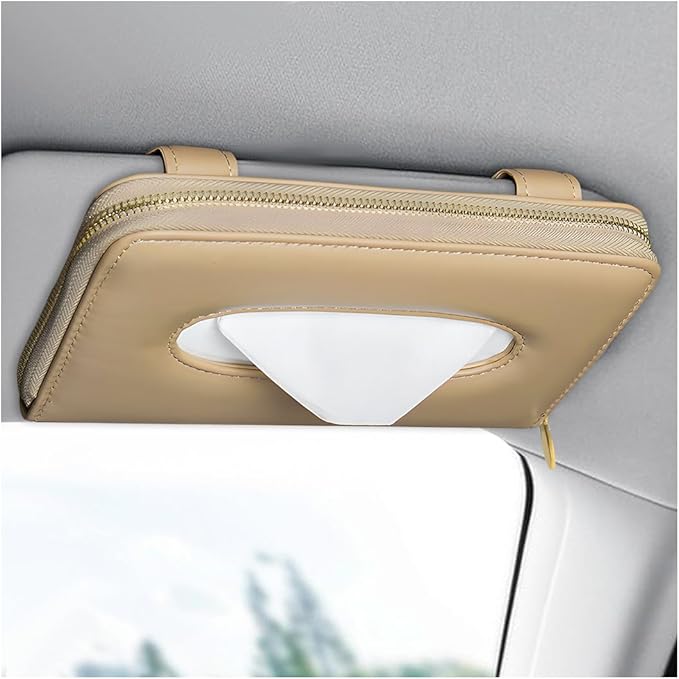 Car Tissue Holder, Sun Visor Napkin Box Premium PU Leather Tissue Case with Zipper, Rectangular Hanging Paper Organizer Mask Dispenser for Sedans SUVs Trucks, Car Accessories (Beige)