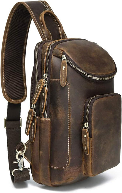 LANNSYNE Vintage Full Grain Leather Sling Bag Crossbody Chest Daypack | Vintage, Full Grain, Leather, Chest