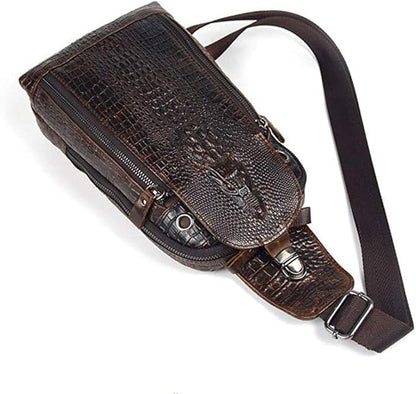 Hebetag Crocodile Genuine Leather Sling Chest Bag for Men Travel Outdoor Hunting Hiking Camping Crossbody Shoulder Pack Pouch Backpack Daypack Coffee