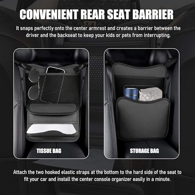 Car Organizer Storage Between Seats, Nappa Leather Front Seat Storage Bag with Tissue Holder, Automotive Console Hanging Net Pocket Handbag Holder for Phone Document (Gray)