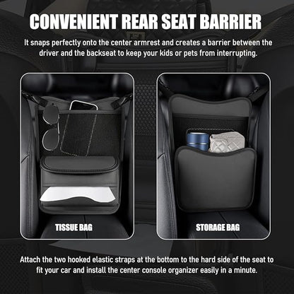 Car Organizer Storage Between Seats, Nappa Leather Front Seat Storage Bag with Tissue Holder, Automotive Console Hanging Net Pocket Handbag Holder for Phone Document (Gray)